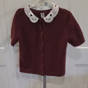 NWT Burgundy Short Sleeve Cardigan with Lace Collar